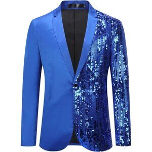 Men's Colorblocking Sequin - Blue Stylish Dinner Tux Dress Blazer Slim Fit Coat